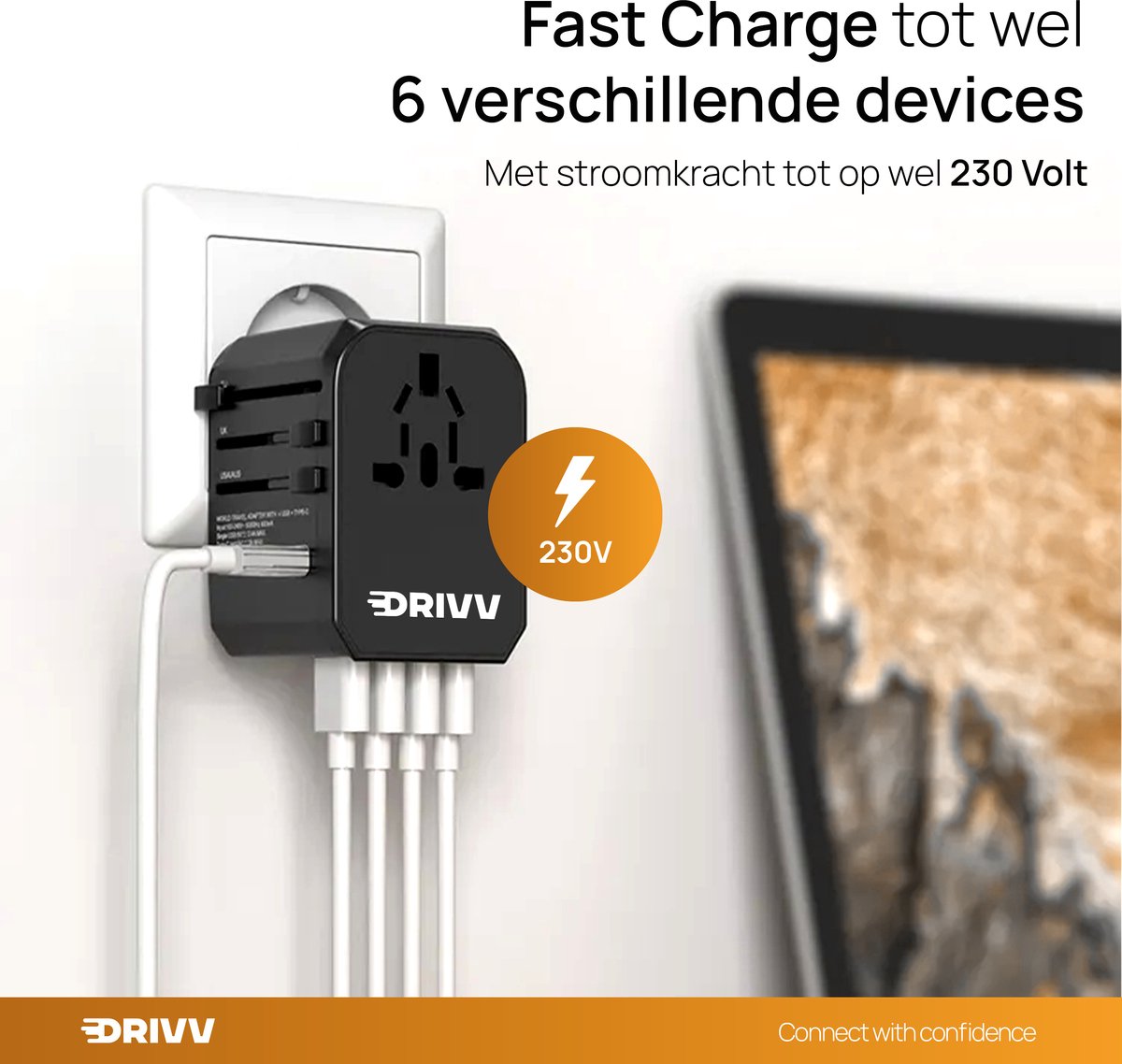 Drivv. Adaptateur universel - 4 ports USB et 1 port USB-C à chargement rapide - Adaptateur de voyage pour les États-Unis / l'Angleterre / le Royaume-Uni / le Canada / l'Afrique / le Japon / le Mexique / la Thaïlande / l'Amérique du Sud - Types A, B, C, E,