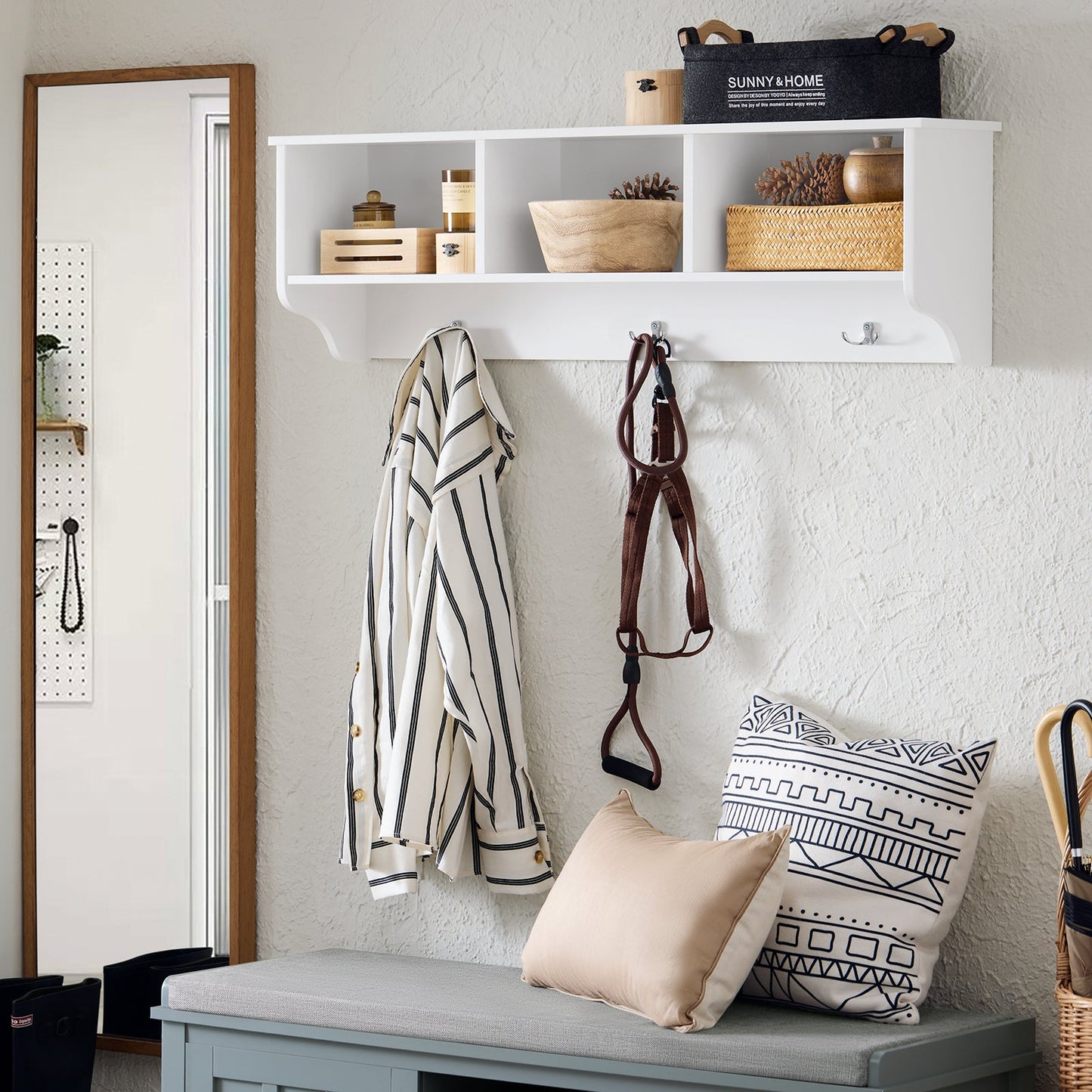 SoBuy Porte-manteaux mural - avec 3 compartiments et crochets - max 21 kg - 100 x 20 x 30 cm - blanc