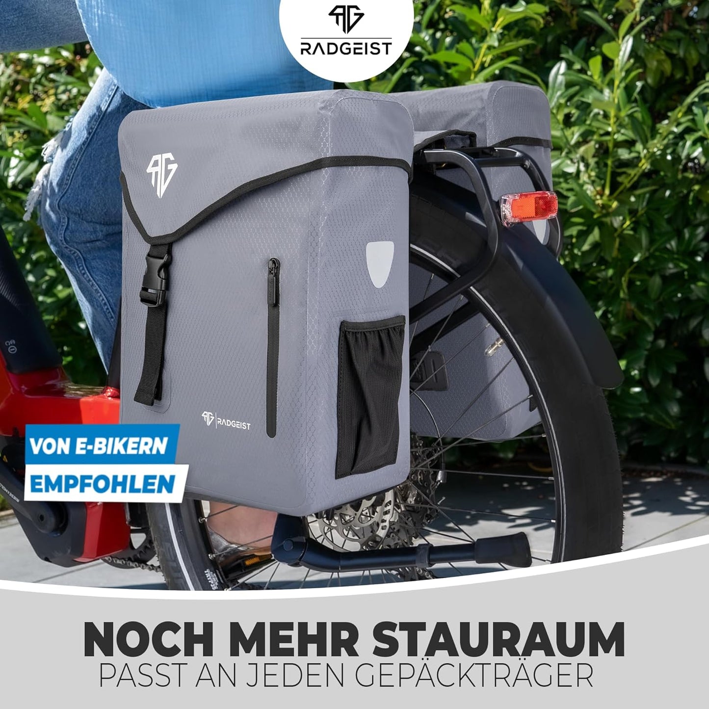 RADGEIST sacoche vélo pour transporteur 100% étanche I Double sacoche vélo 50 litres - Double sacoche vélo avec fermeture facile (gris)