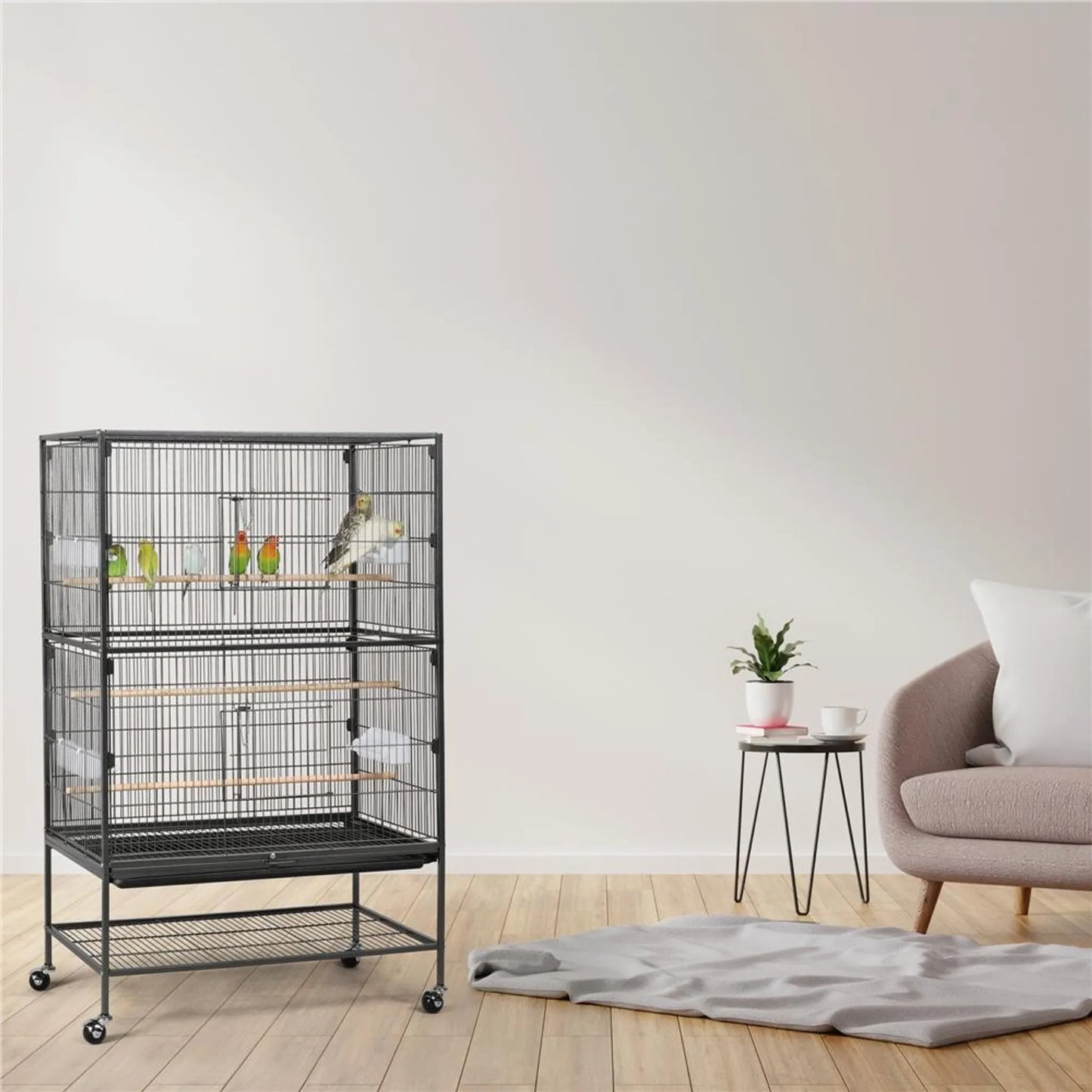 Yaheetech Cage à oiseaux XXL avec base mobile - équipée d'une porte sécurisée, d'une étagère de rangement et de 3 perchoirs en bois - pour perroquets et cacatoès - métal noir - 79 x 52 x 132 cm