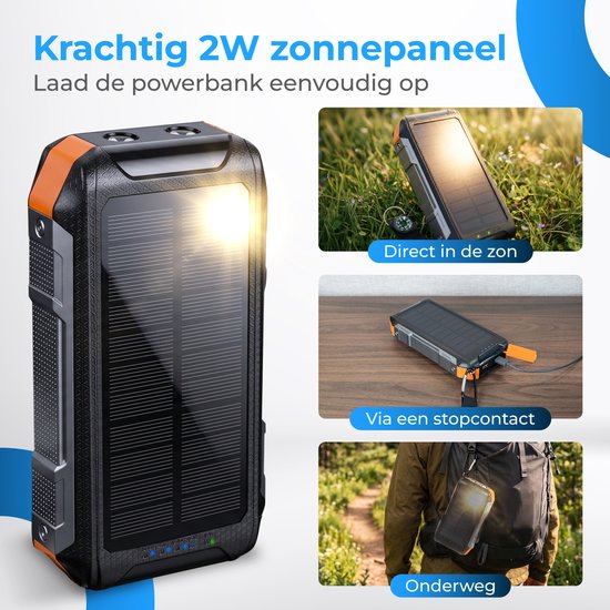 Powerbank solaire Nuvance 20 000 mAh - Chargeur rapide 22,5 W - USB-C et USB-A - 4 câbles intégrés - Powerbank sans fil 15 W - Kit d'urgence - Powerbank à énergie solaire