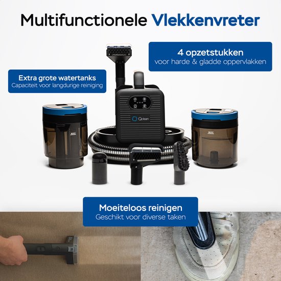 Nettoyeur de tapis Qclean® - Nettoyeur de taches et nettoyeur à vapeur 4-en-1 - Vapeur à 105 °C - Nettoyeur de canapés - Autonettoyant - Produit nettoyant inclus
