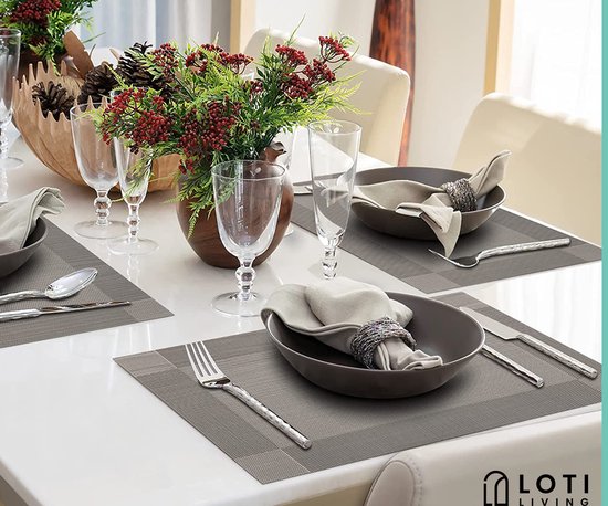Loti Living Sets de table 4 pièces - Sets de table en plastique - Sets de table en plastique - Sous-verre -30x45cm - Gris métallisé