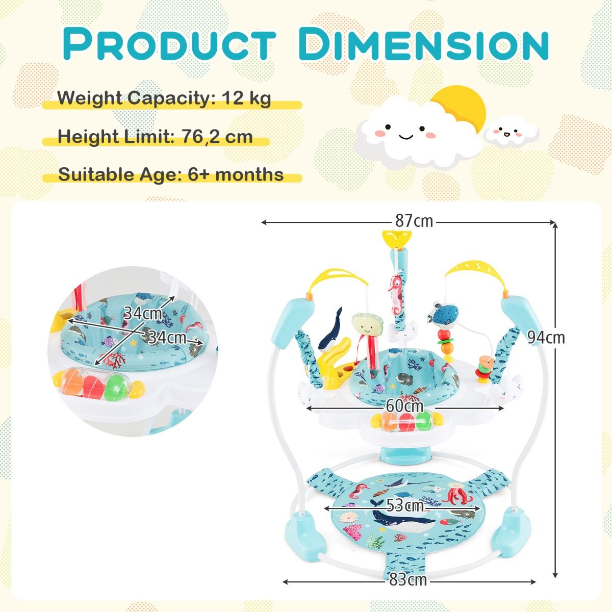Coast Baby Sky Jumperoo - Light Blue/White - 87x87x94 cm - 3 hauteurs, siège pivotant à 360° et centre de jeu interactif