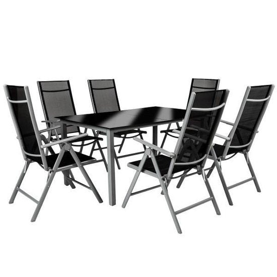 tectake® seat set aluminium folding chairs, lounge set with 6x chairs and 1x glass table dining table, garden furniture set weatherproof for balcony, garden chairs, patio furniture, lounger - silver