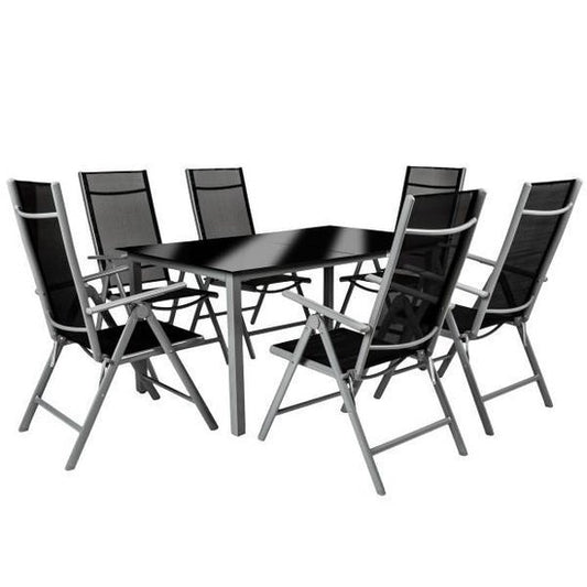 tectake® seat set aluminium folding chairs, lounge set with 6x chairs and 1x glass table dining table, garden furniture set weatherproof for balcony, garden chairs, patio furniture, lounger - silver