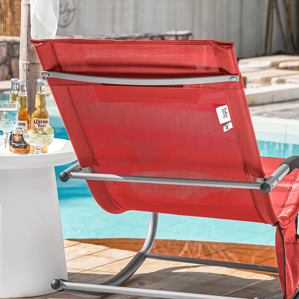 SoBuy OGS28-Rx2 Chaises longues Lot de 2 - Rouge - 143x57x85 cm - Chaises à bascule ergonomiques avec appui-tête et pochette latérale