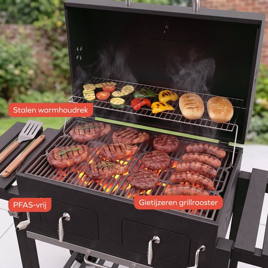 KitchenBrothers Barbecue au charbon de bois XL - Barbecue fumoir à deux zones - Avec grilles à charbon réglables et tables latérales rabattables - Sans PFAS - Surface de cuisson de 42,3 x 75,8 cm - Noir