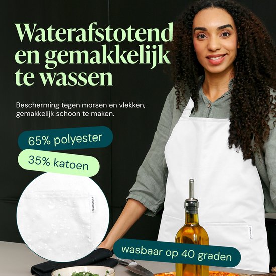 Tablier de cuisine Castagnola - Hydrofuge et anti-salissures - Tablier de cuisine professionnel - Tablier de barbecue pour femmes et hommes - Unisexe - Boucle réglable - Poches extra-larges - Blanc