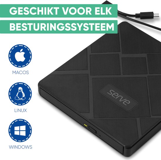 Serve 4-in-1 Lecteur et graveur externe de CD / DVD pour PC, ordinateur portable et Mac iOS - Plug & Play - Fente pour carte SD et Micro SD + Hub USB