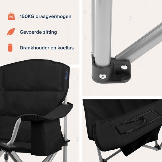 TRVLMORE Chaises de camping - Pliables - 2 pièces - XL - Chaises pliantes - Capacité de charge de 150 kg - Porte-boisson - Compartiment réfrigérant - Poche latérale - Chaise pliante - Noir