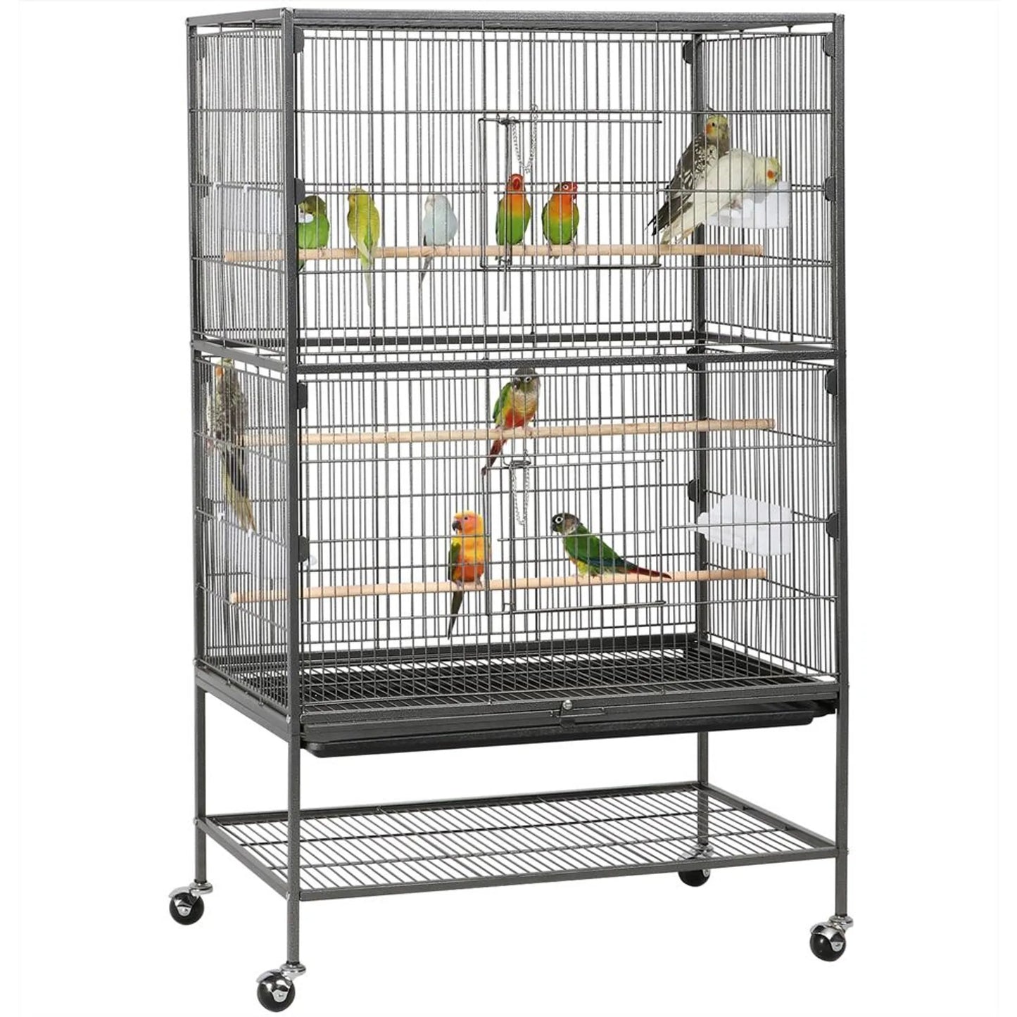 Yaheetech Cage à oiseaux XXL avec base mobile - équipée d'une porte sécurisée, d'une étagère de rangement et de 3 perchoirs en bois - pour perroquets et cacatoès - métal noir - 79 x 52 x 132 cm