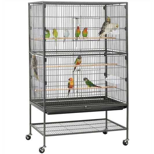 Yaheetech Cage à oiseaux XXL avec base mobile - équipée d'une porte sécurisée, d'une étagère de rangement et de 3 perchoirs en bois - pour perroquets et cacatoès - métal noir - 79 x 52 x 132 cm