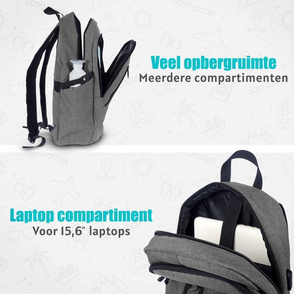 TRVLMORE Sac à dos - 25L - 15.6 inch - Sac à dos pour ordinateur portable - Sac d'école - Unisexe - Gris anti-éclaboussures