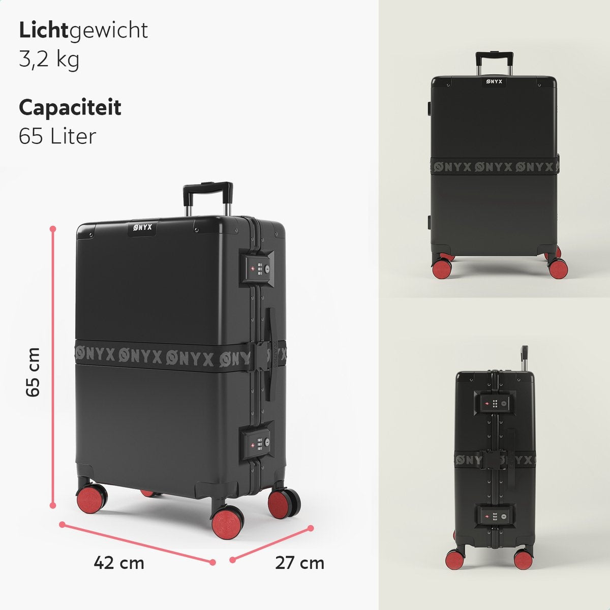 ONYX® Check-in Suitcase 65L - TSA Lock - Spinner Wheels - Lightweight Trolley - Aluminium Closure - Black