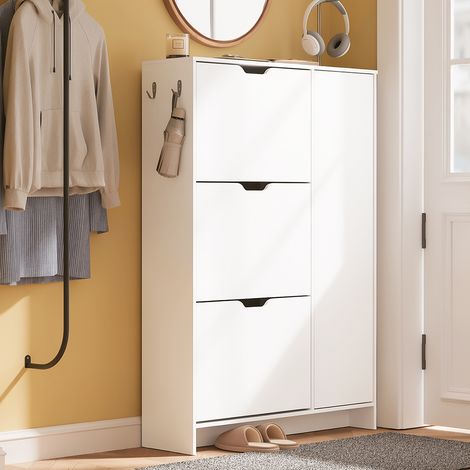 Armoire à chaussures SoBuy 84 x 24 x 121 cm - Blanche - 3 portes battantes - 3 tiroirs - Capacité : 12 paires de chaussures
