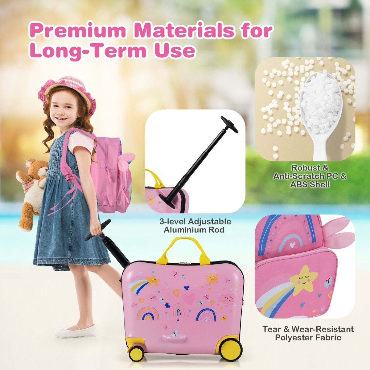 Ensemble valise et sac à dos pour enfant Coast - valise-siège avec motif d'abeilles - poignée réglable - rose