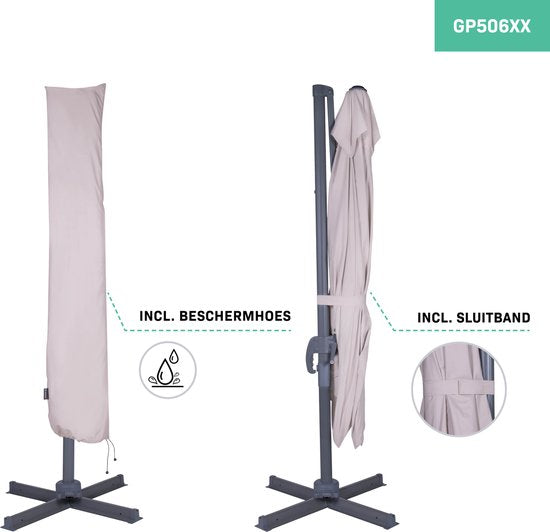 VONROC Premium Parasol flottant Pisogne 300x300cm - Base transversale et housse de protection incluses - Parasol carré - Rotation 360° - Inclinaison - Toile résistante aux UV - Beige