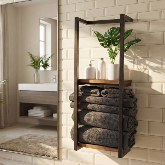 Vonia Porte-serviettes - Porte-serviettes salle de bain - Porte-serviettes salle de bain - Porte-serviettes - Noir/Bois