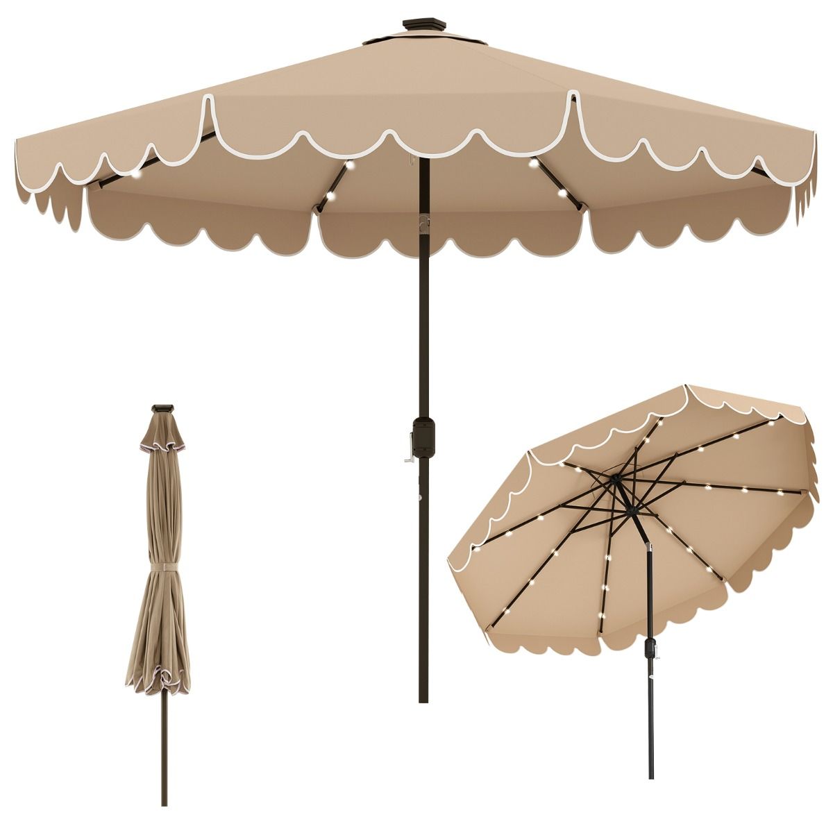 Parasol de jardin Coast avec éclairage LED - commande à cordon - inclinable jusqu'à 35° - marron 300 x 253 cm