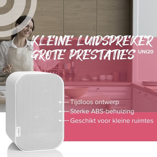 Artsound UNI20, Jeu de 2 haut-parleurs passifs, haut-parleur hi-fi 2 voies, 10-40 watts, support mural avec joint à rotule, convient aux pièces jusqu'à 20 m² telles que couloir, cuisine, toilettes, couleur : blanc