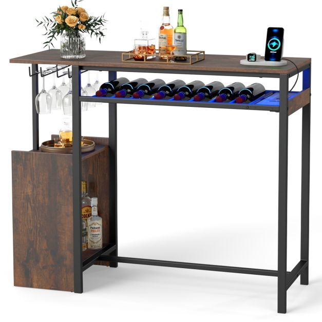 Table de bar Coast avec éclairage RGB et station de recharge – Table haute avec porte-bouteilles, porte-verres et compartiments de rangement – Marron/Noir – 110 cm