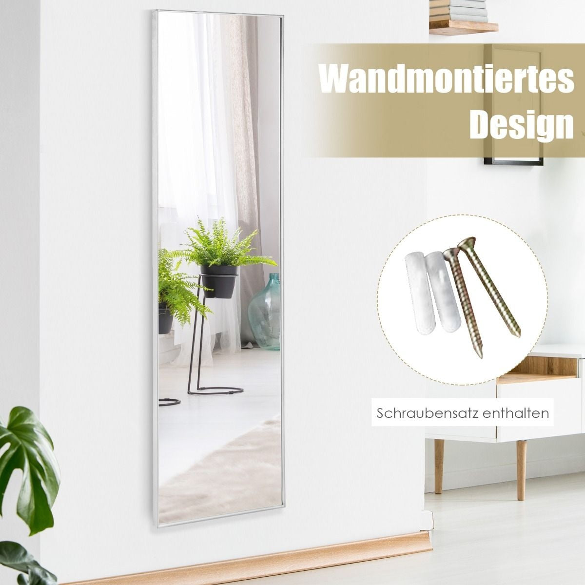 Côte 37 x 120 cm Miroir mural à hauteur d'homme avec crochets réglables en hauteur Miroir mural argenté