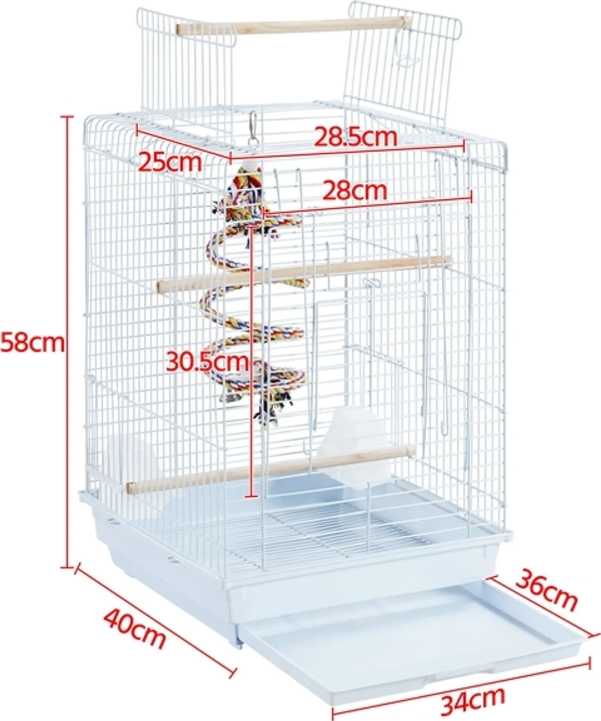 Yaheetech Cage à oiseaux avec jouets - 40 x 40 x 58 cm - équipée d'une ouverture supplémentaire en haut et d'un plateau coulissant et de 4 perchoirs en bois - pour perruches et canaris - métal noir et bois