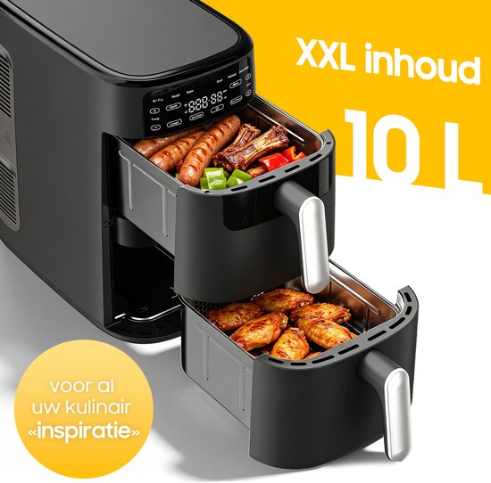 Friteuse à air chaud à double tiroir - 2 700 W : friture sans graisse et puissante - Friteuse à air chaud de 10 L avec double tiroir et structure verticale permettant de gagner 50 % d'espace - 6 programmes - Grande capacité pour un usage domestique - Livr