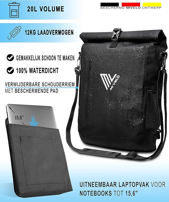 Mivelo Sac à vélo 3 en 1 - sac à dos vélo - sac à bandoulière étanche 100% sans PVC, avec compartiment pour ordinateur portable, sacoche pour tous types de porte-vélos - Noir