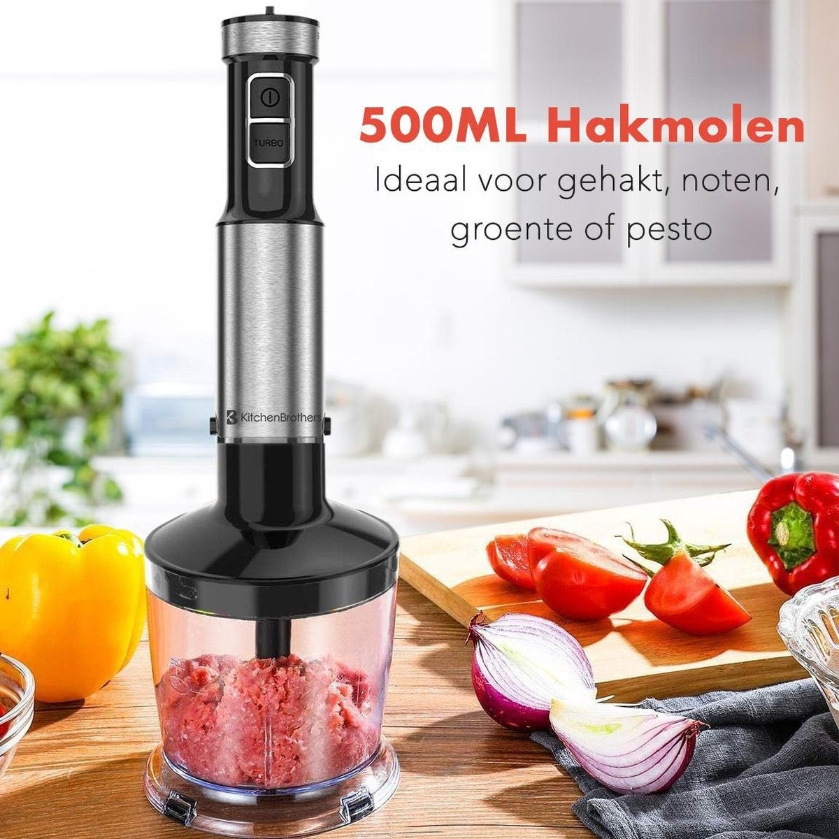Mixeur plongeant 4 en 1 - KitchenBrothers - Hachoir - 800W - 600ML - Acier inoxydable