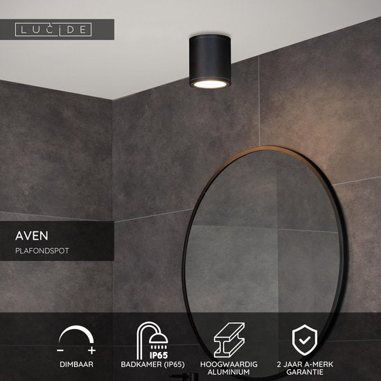 Lucide AVEN - Spot de plafond (lampe de plafond) pour salle de bains - Ø 9 cm - 1xGU10 - IP65 - Noir
