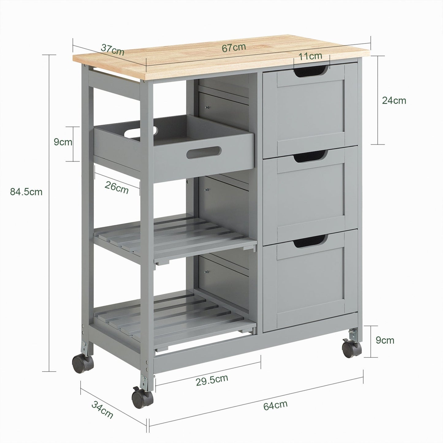 Chariot de cuisine avec 3 grands tiroirs SoBuy, 68x85x38 cm, Gris