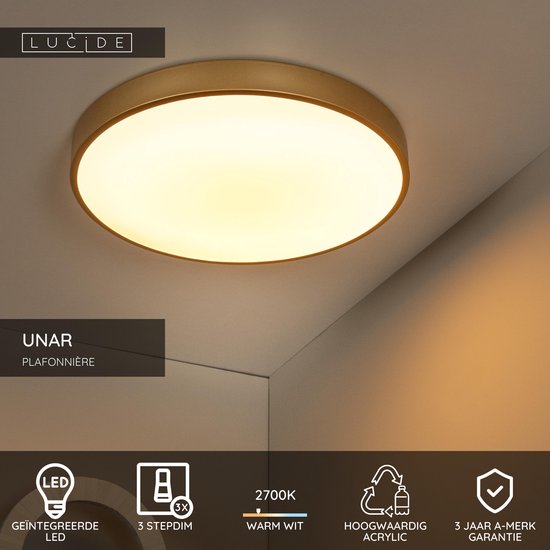 Lucide UNAR - Plafonnier - Ø 49,5 cm - LED 3 StepDim - 1x36 W 2700 K - Or mat / Laiton