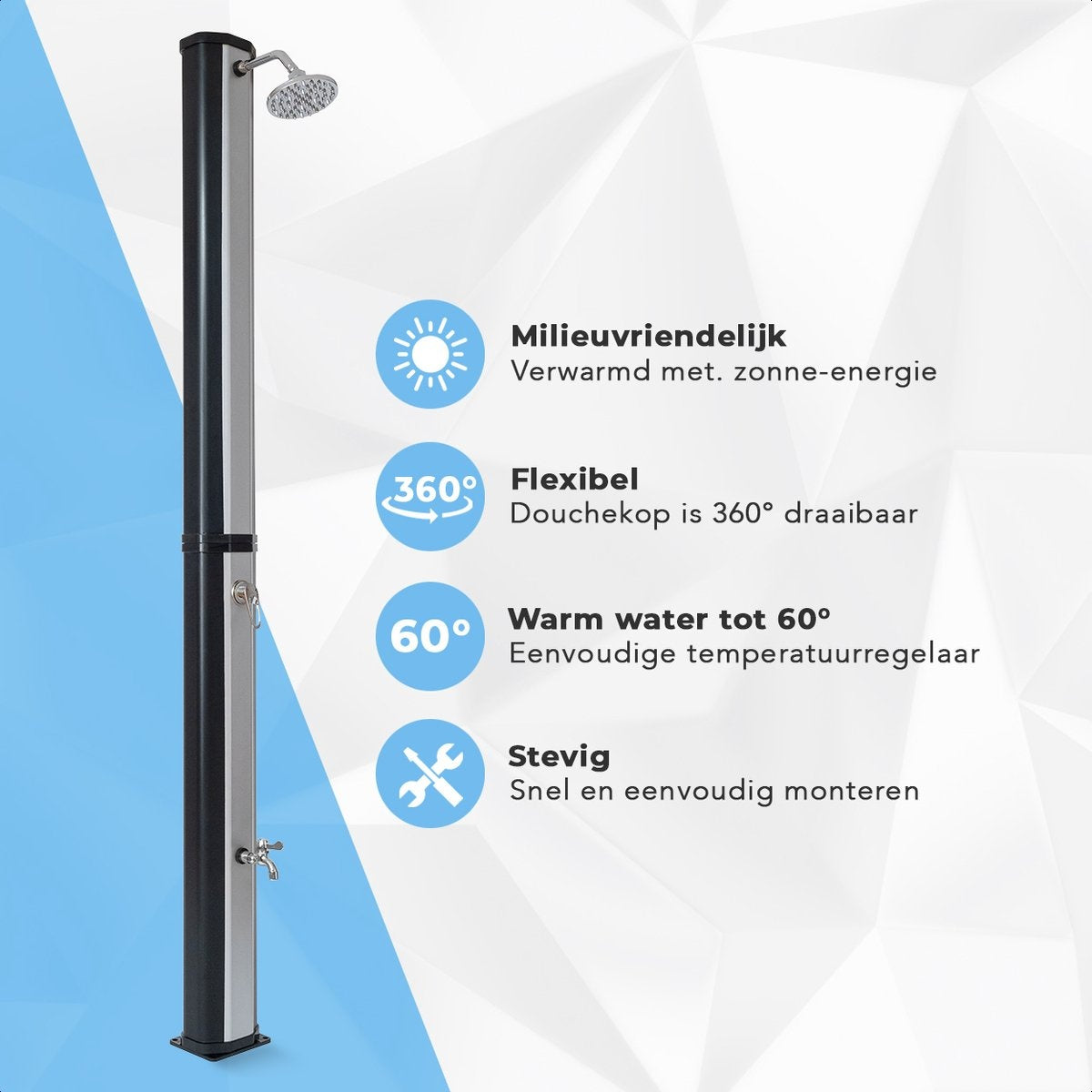 LifeGoods Douche extérieure - solaire - pommeau de douche rotatif à 360° - 35L - Noir/Argent