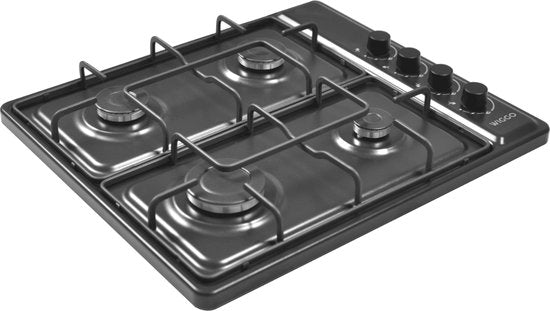 Wiggo WH-G604F(B) – Table de cuisson à gaz autonome – 60 cm – 4 zones de cuisson – Compatible avec le gaz naturel et le gaz butane – Sécurité par thermocouple – Noir