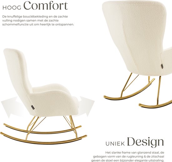 tectake® Swing Rocking Chair - Fauteuil Bouclé tapissé avec patins en acier et coussin d'assise extra épais - Design scandinave, facile d'entretien et ergonomique - crème/doré