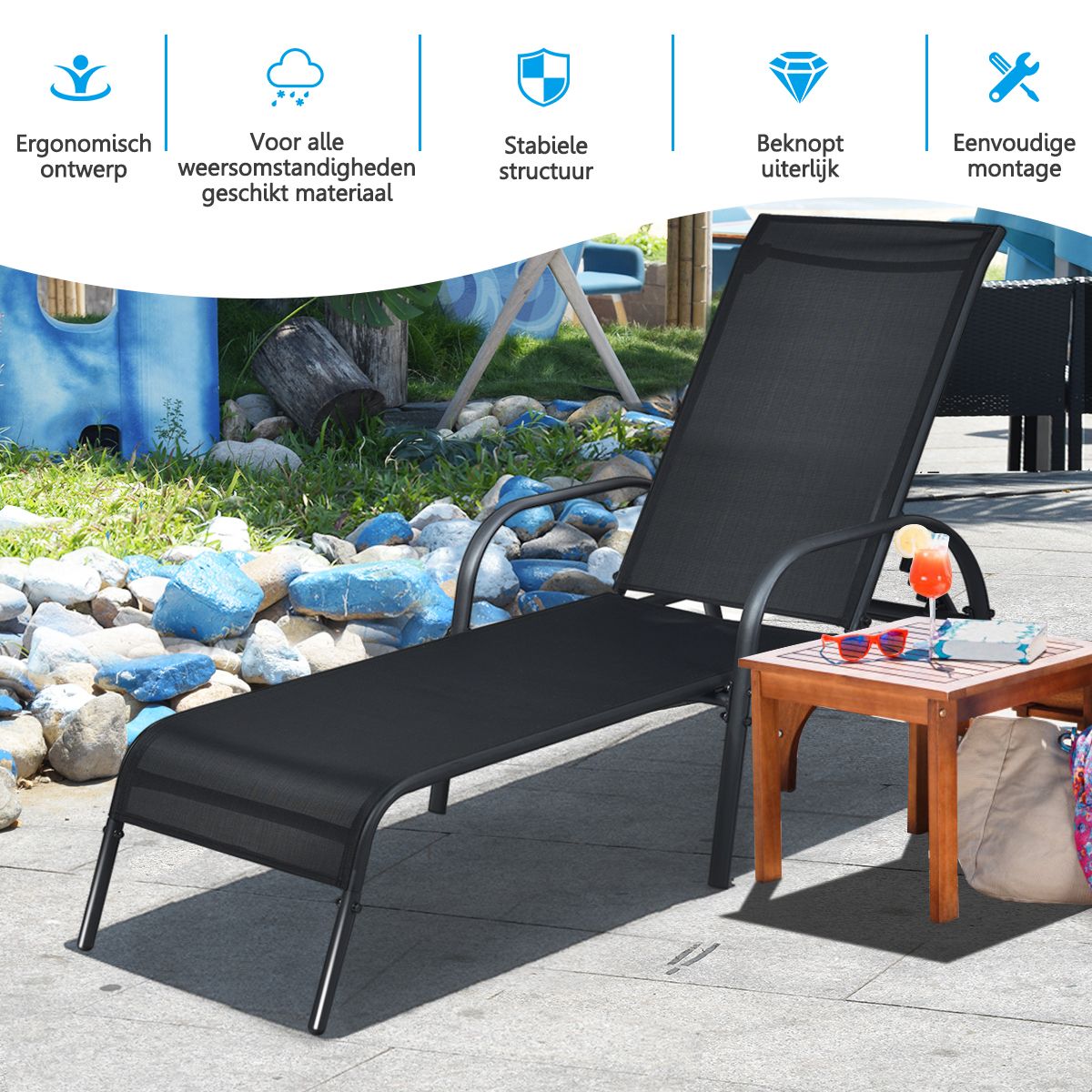 Chaise longue réglable Coast - jusqu'à 160 kg - 5 supports - 192 x 66 x 61 cm - noir