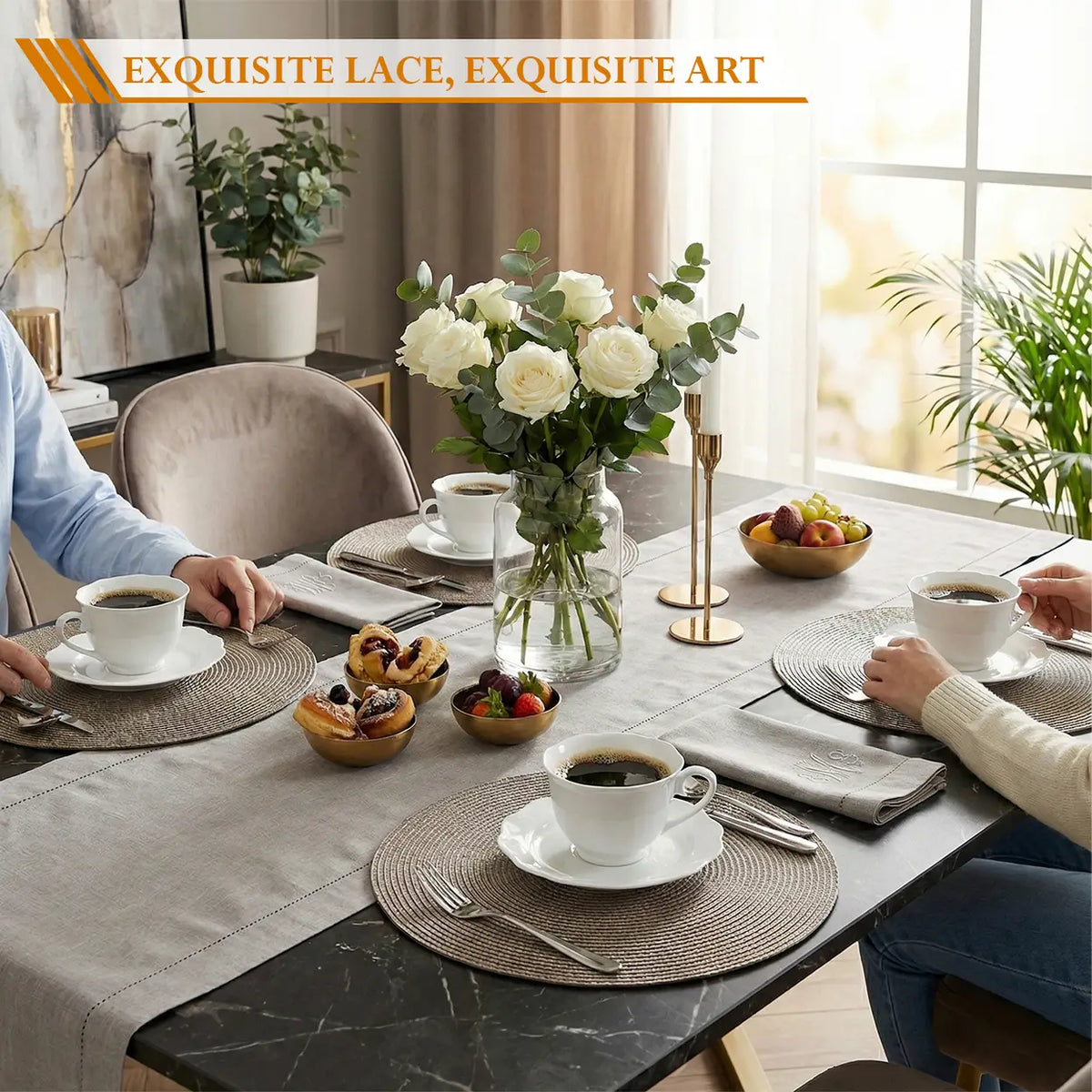Service en céramique blanc élégant, 8 pièces - 4 tasses avec soucoupes - Design rond - Pour un usage quotidien