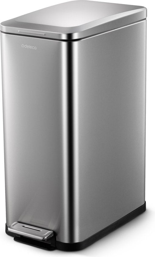 Deleca Trashcan Prestige - 50 Liter - Narrow - Stainless steel Dustbin / Waste Bin / Pedal Bin - With Foot Pedal and Slow Close - Matt Silver