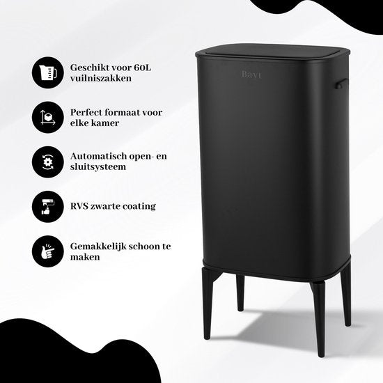 Bayt Poubelle sur pieds - Poubelle 60 litres sacs poubelle - Poubelle avec capteur - Poubelle - Corbeille - Acier inoxydable - Noir - 53L