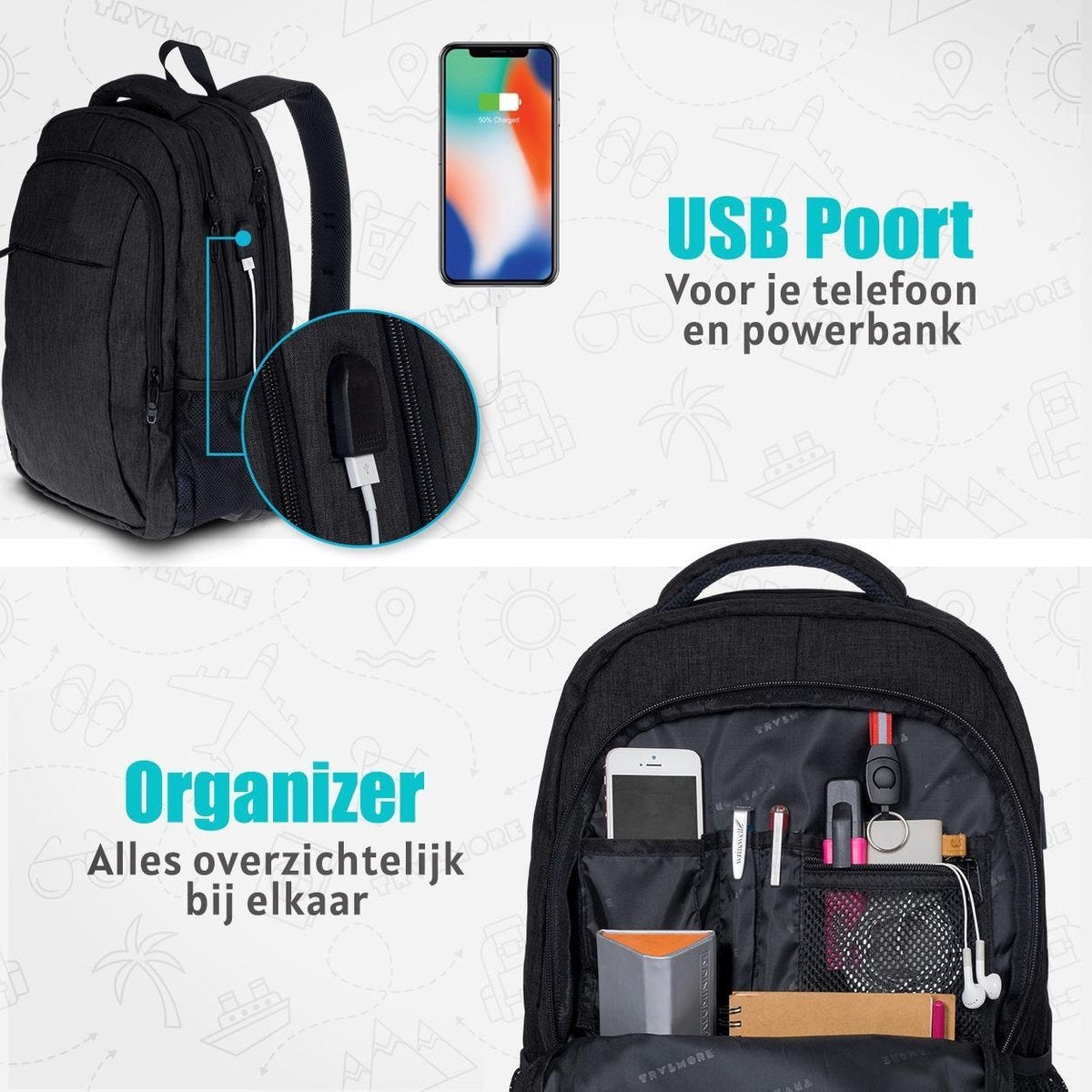 TRVLMORE Sac à dos - 36L - 17.3 inch - Sac à dos pour ordinateur portable - Sac d'école - Unisex - Splashproof Black