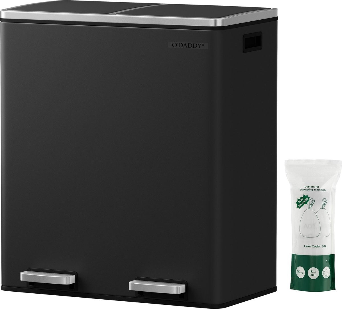 Poubelle O'DADDY® - 60L (2x 30L) - à pédale - 59 x 65 x 32 cm - Noir