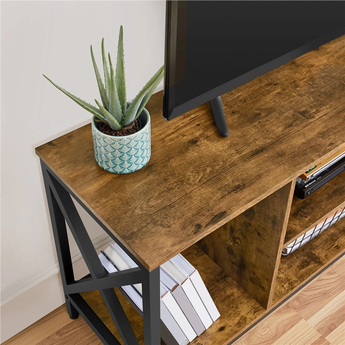 Meuble TV Yaheetech 106 x 40 x 50,5 cm - Brun rouille - Style industriel - Compartiments de rangement ouverts - 40 kg