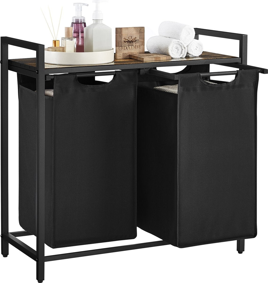 O'DADDY® Panier à linge 2 compartiments - trieur de linge extensible avec étagère - 73 x 33 x 72 cm - métal - noir avec marron