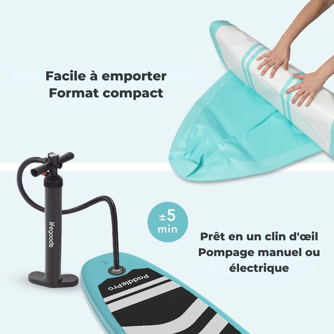 Paddle LifeGoods SUP Board - avec siège - Set complet - Max. 135KG - 320x81cm - Vert menthe/Noir