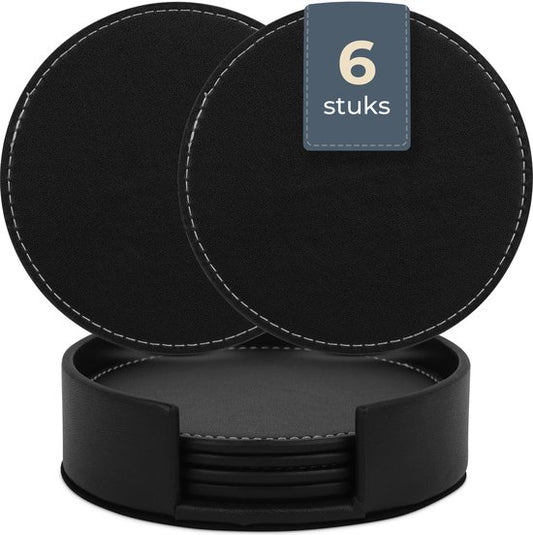 Castagnola Sous-verres en cuir synthétique - Sous-verres pour verres - Sous-verres design avec support - Sous-verres en cuir - Cuir - Lot de 6 - Noir avec surpiqûres