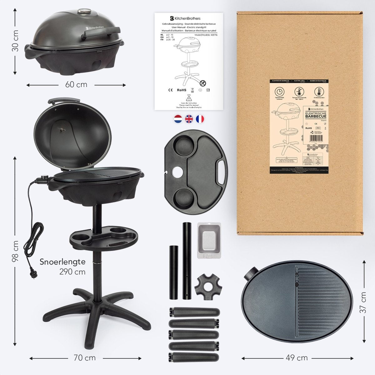 KitchenBrothers Barbecue électrique - avec plaque de cuisson - antiadhésif - étagère/porte-objets inclus - 2400W - Noir