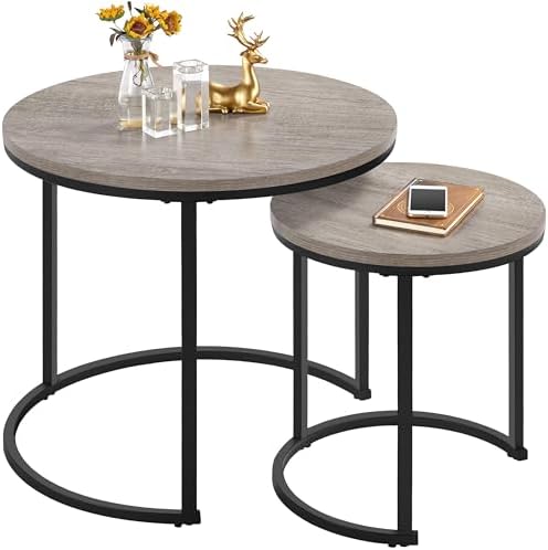 Yaheetech Ensemble de 2 tables d'appoint rondes avec structure métallique - Couleur bois de chêne