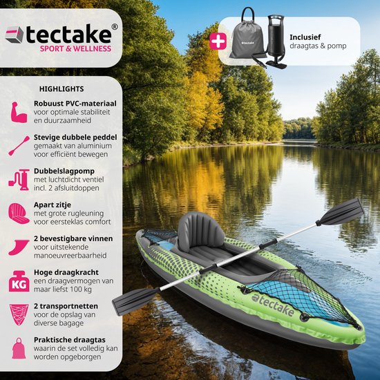 tectake® - Inflatable Kayak - Canoë gonflable pour 1 personne avec pagaie double et accessoires - Siège, pompe, sac de transport - Sports nautiques - Bateau à rames